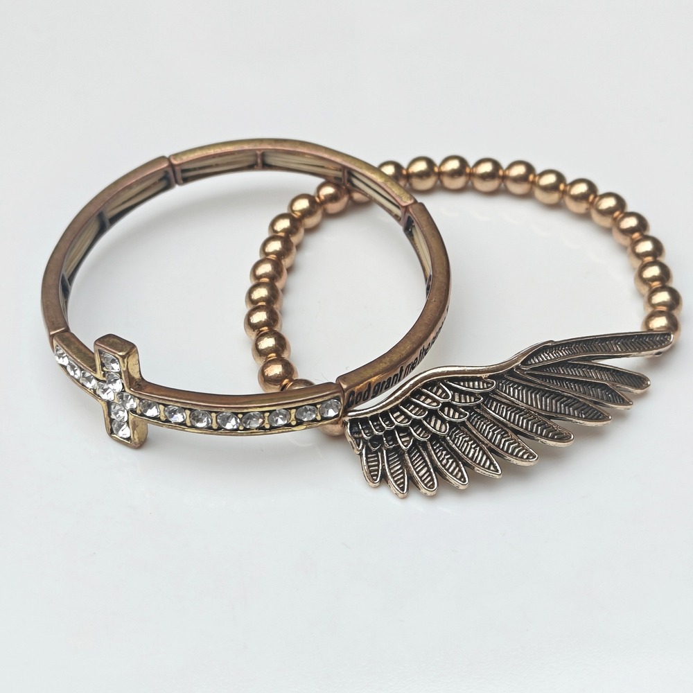 Bronze Tone Serenity Prayer Cross and Angel Wing Stretch Bracelet Set 2 Piece